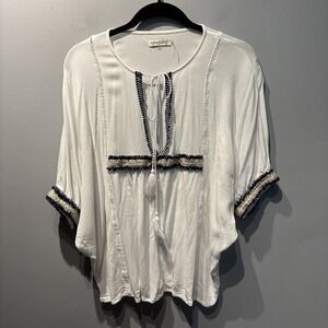 Paparazzi White Blue Embroidered Gauze Top Boho Peasant Cottage-core Women's SzL